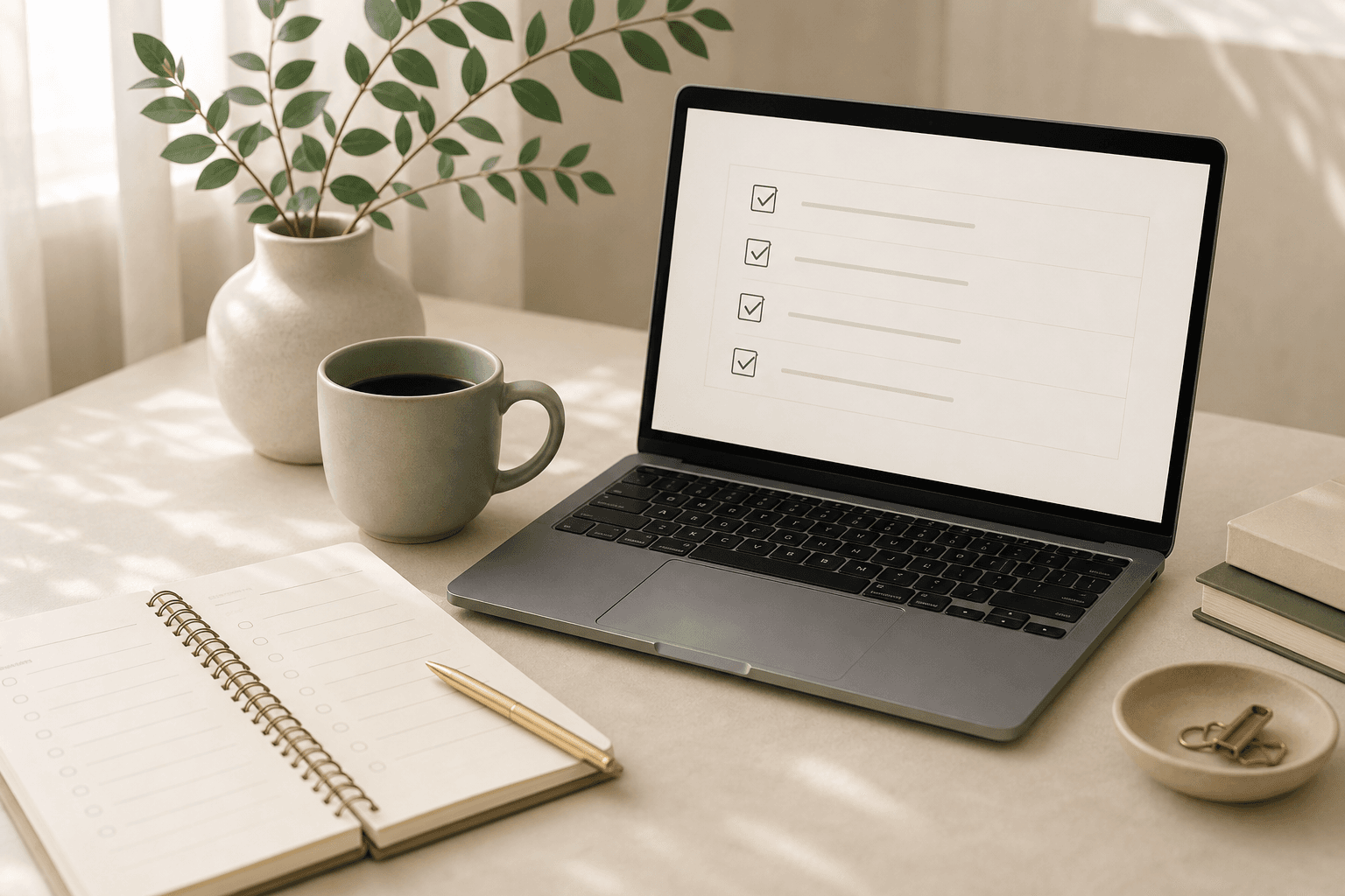 Small business planning workspace with a laptop, notebook, coffee, and plant