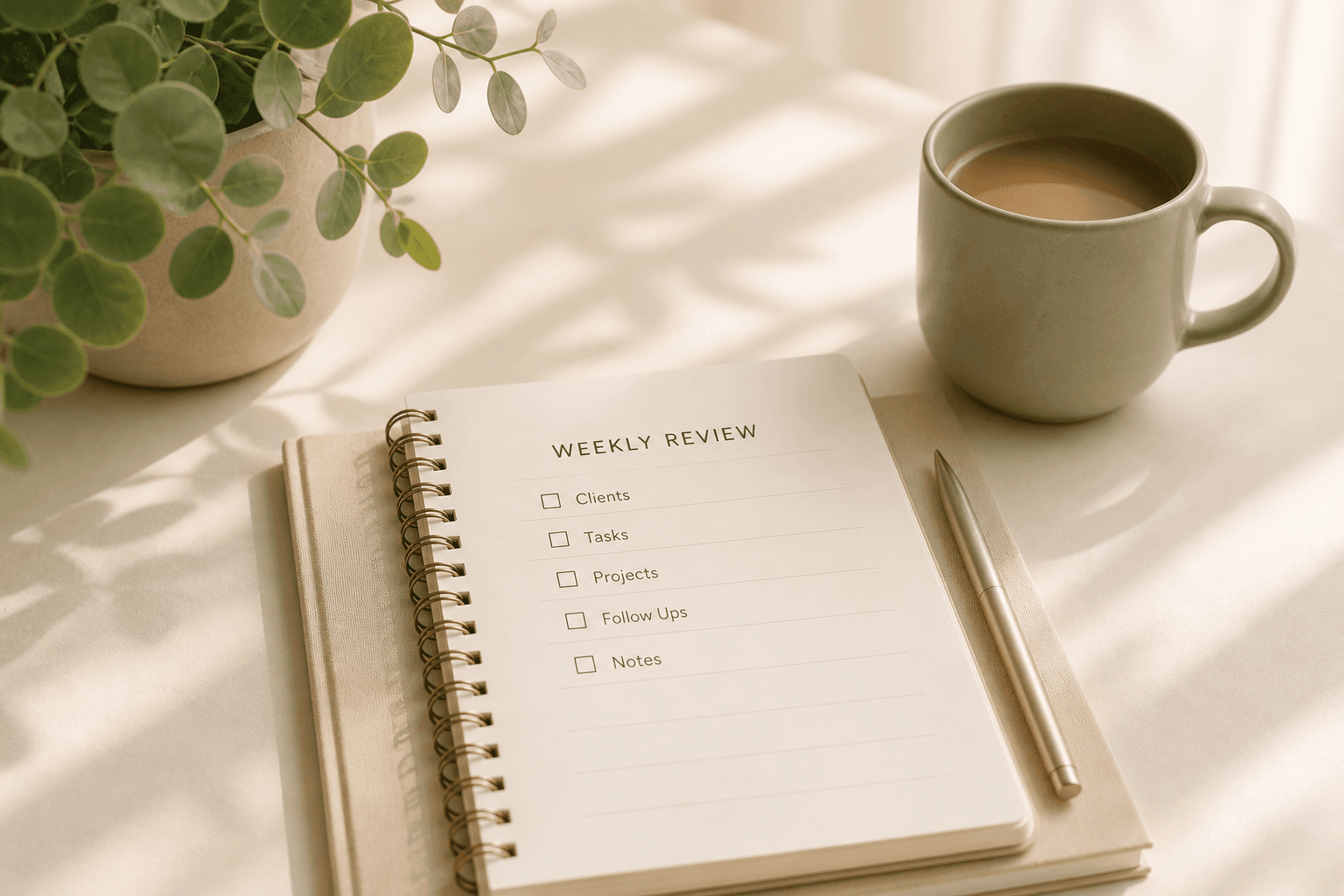 Weekly operations review checklist beside coffee and a plant